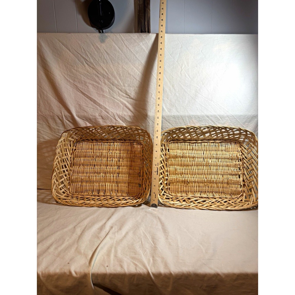 Set of 2 Beige Rectangular Wicker Baskets Non-Lidded Freestanding 15x12 1/2x 3